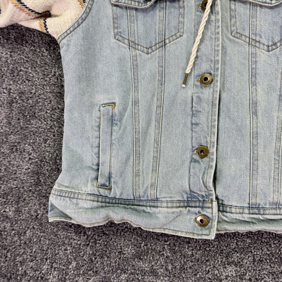 Billabong Jacket Womens Medium Blue Denim Hooded Striped Sleeves Boho Casual - Picture 10 of 14